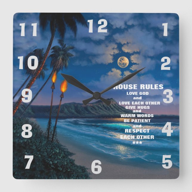 HOUSE RULES AND BEAUTIFUL SCENE SQUARE WALL CLOCK (Front)