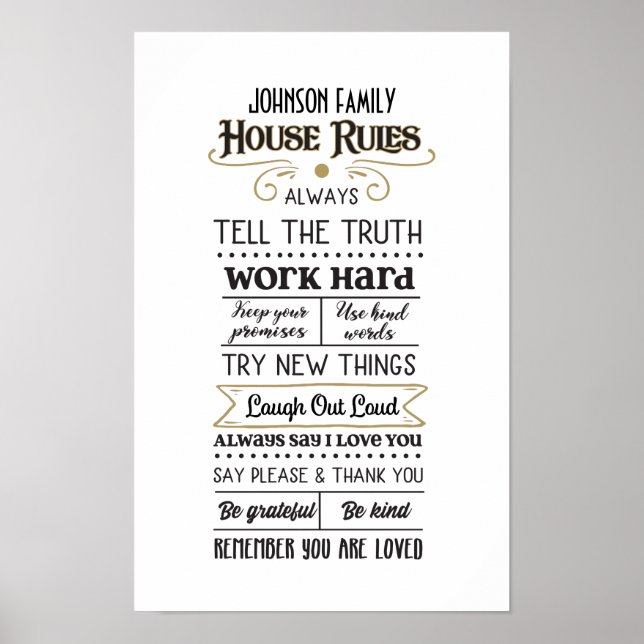 House Rules with Family Name Black Gold Poster (Front)