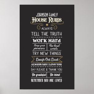 House Rules with Family Name White Gold Poster