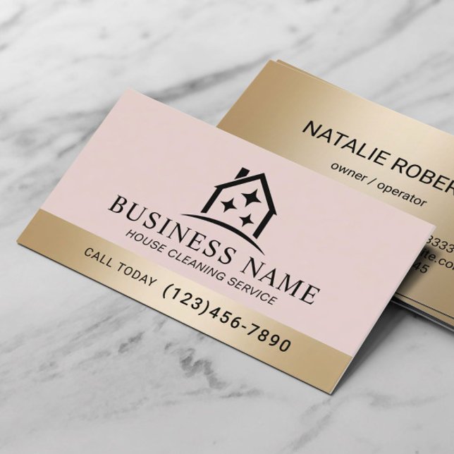 House Sparkles Logo Blush Pink Cleaning Service  Business Card (Creator Uploaded)