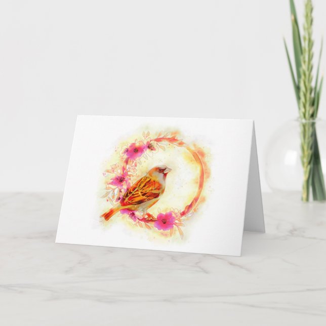 House sparrow & flower wraith watercolor painting holiday card (Front)
