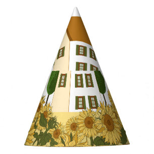 House Sunflowers Field Vintage Illustration Party Hat