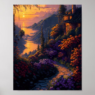 House Surrounded by Flowers and Mountains Poster