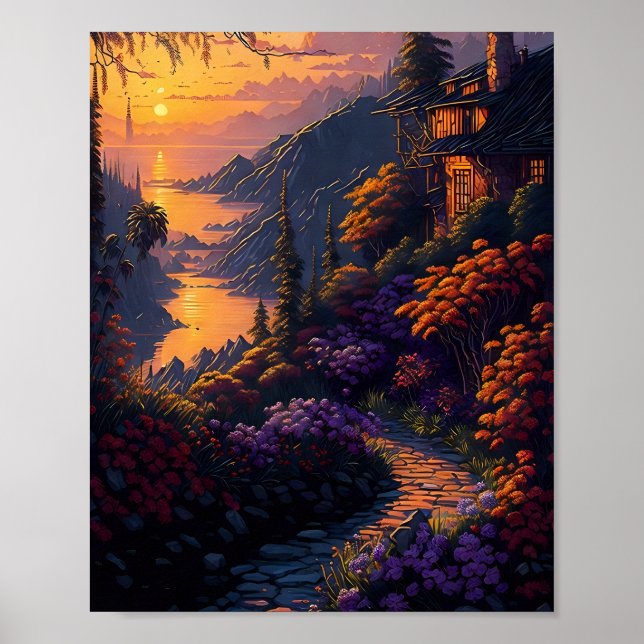  House Surrounded by Flowers and Mountains Poster (Front)