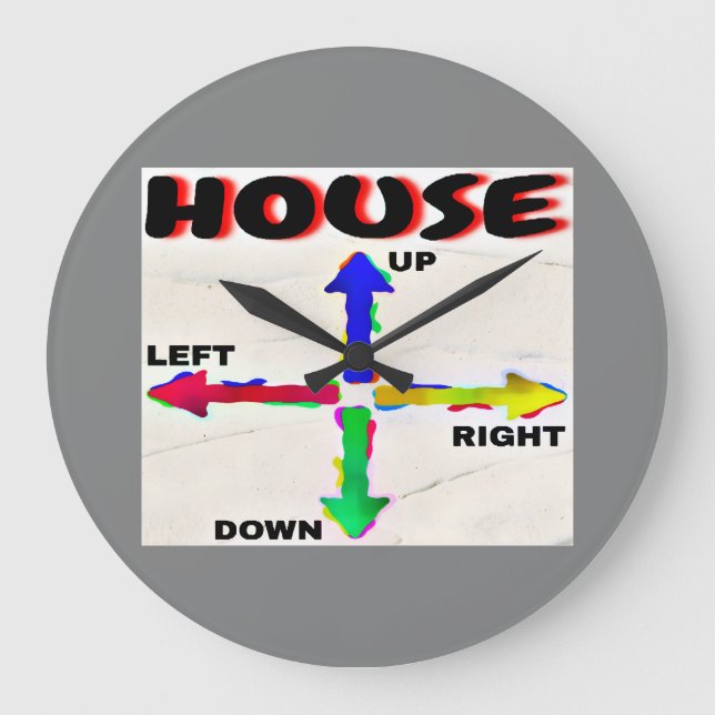 HOUSE UP, RIGHT, DOWN, LEFT BLACK FONTS WHITE BG LARGE CLOCK (Front)