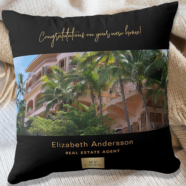 House warming black gold real estate agent photo cushion (Creator Uploaded)