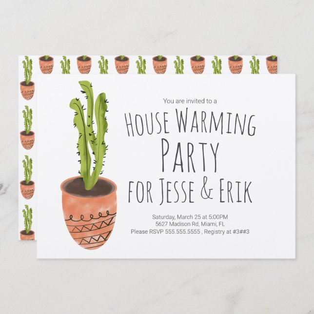House Warming Party Cactus Plant Hand Drawn  Invitation (Front/Back)