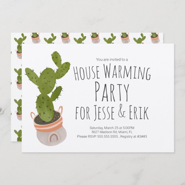 House Warming Party Cactus Plant Pot Hand Drawn  Invitation (Front/Back)