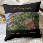 House warming photo names black cushion<br><div class="desc">A black background. Add a photo of the new owners home and their names. 
A gift from friends or real estate agents for your clients gifts - congratulations on a new home.</div>