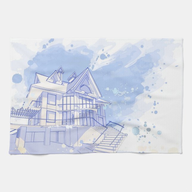 house: watercolor draw tea towel (Horizontal)