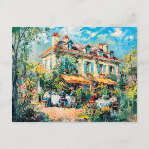 House with garden tables and people holiday postcard