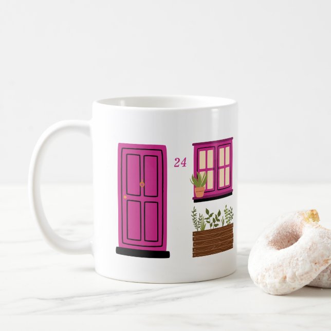 House with Pink Door with Custom Quote Coffee Mug (With Donut)