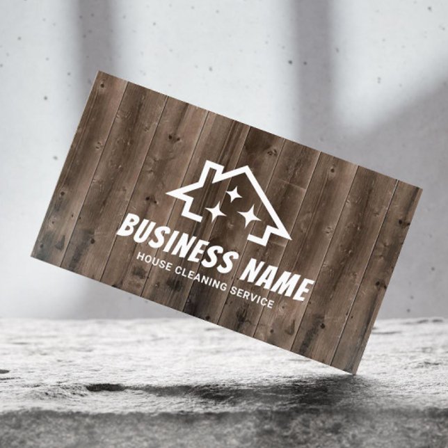 House with Sparkles Rustic Wood Cleaning Service  Business Card (Creator Uploaded)