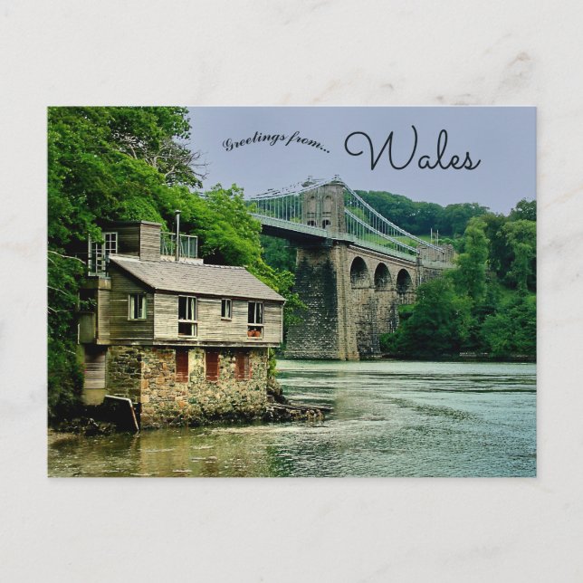 House With Telford’s Menai Bridge in Wales Postcard (Front)