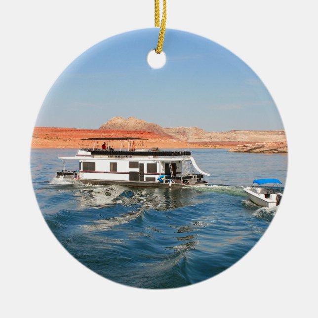 Houseboat making waves, Lake Powell, Arizona Ceramic Tree Decoration (Front)