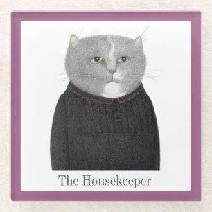 HOUSEKEEPER CAT Glass Drink Coaster + Text