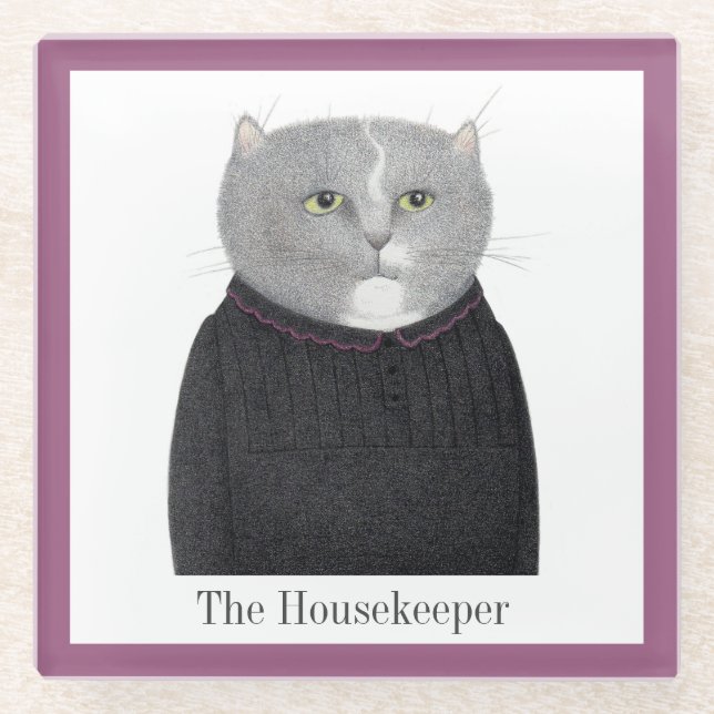 HOUSEKEEPER CAT Glass Drink Coaster + Text (Front)