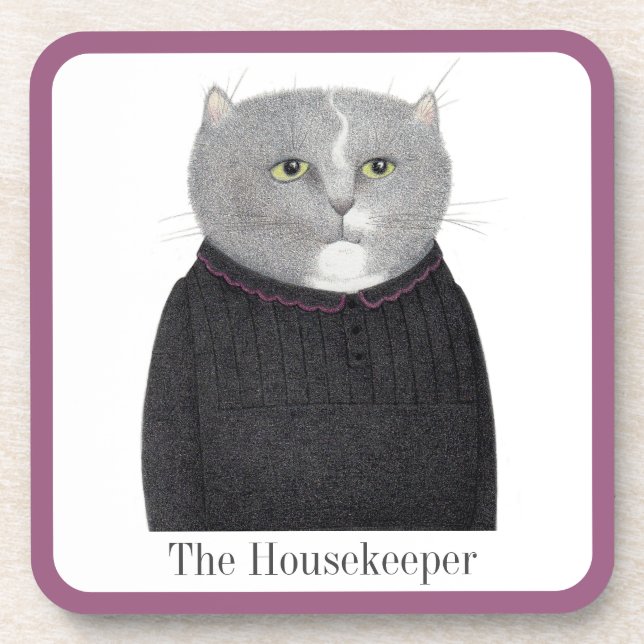 HOUSEKEEPER CAT Hard Plastic Coasters + Text (Front)