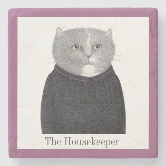 HOUSEKEEPER CAT Marble Stone Coaster + Text (Front)