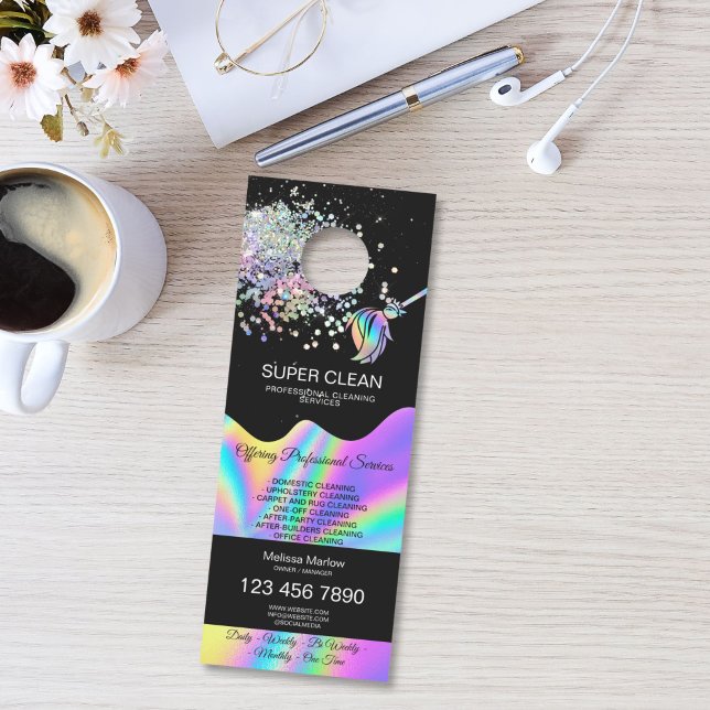 Housekeeping House Cleaning Maid Janitor Door Hanger (Maid Cleaning House Sparkling door hanger with holographic broom logo, glitter and water splash)