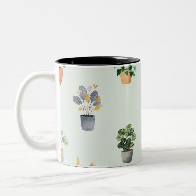 Houseplant Pattern Botanical Indoor Plant Design Two-Tone Coffee Mug (Left)