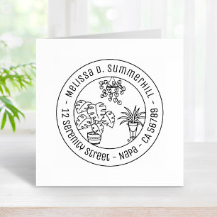 Houseplants Hobby Round Address Rubber Stamp