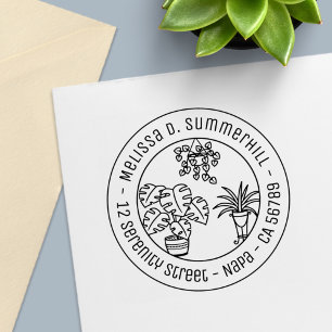 Houseplants Hobby Round Address Self-inking Stamp