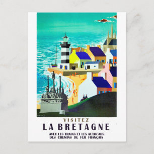 Houses and lighthouse on Brittany coast, France Postcard