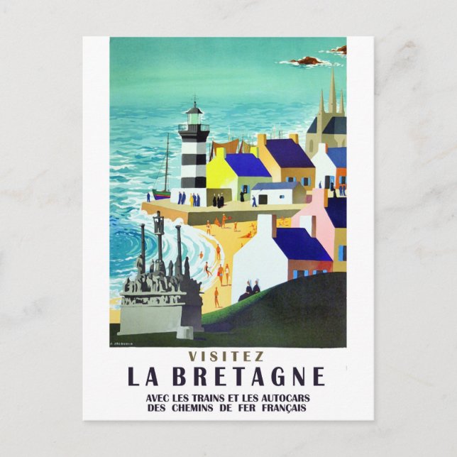 Houses and lighthouse on Brittany coast, France Postcard (Front)