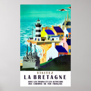 Houses and lighthouse on Brittany coast, France Poster