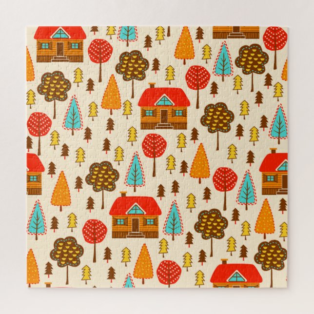 Houses Forest Vintage Seamless Pattern Jigsaw Puzzle (Vertical)