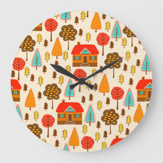 Houses Forest Vintage Seamless Pattern Large Clock
