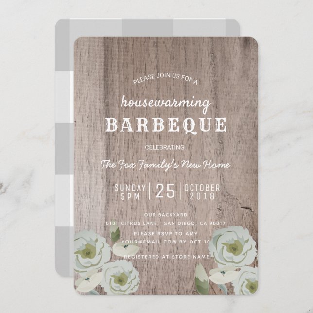 Housewarming Barbeque BBQ Party Wood Invitation (Front/Back)