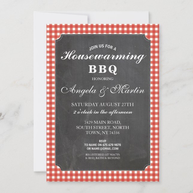 Housewarming BBQ Party Red Check Chalk Invite (Front)