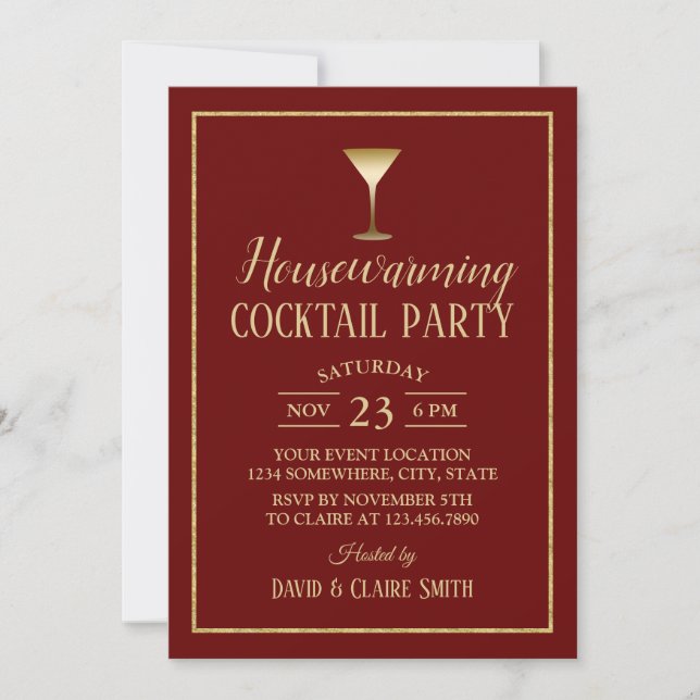 Housewarming Cocktail Party Elegant Burgundy Gold Invitation (Front)