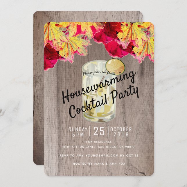 Housewarming Cocktail Party Fall Wood Invitation (Front/Back)