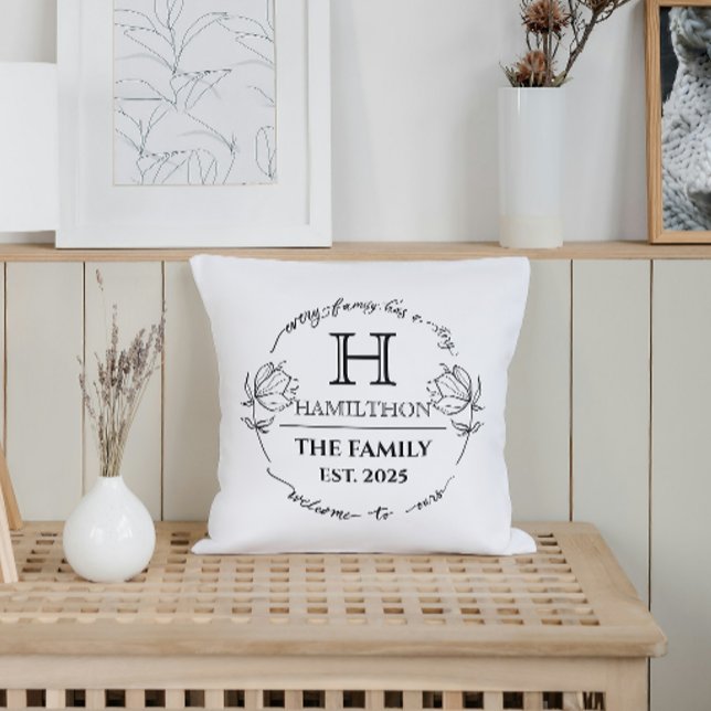  Housewarming Family Monogram Floral New House  Cushion (every family has a story welcome to our family custom house gifts ideas for new home housewarming )