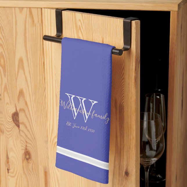 Housewarming Gift Monogram Family Name Chic Blue Tea Towel (Thirds Fold)