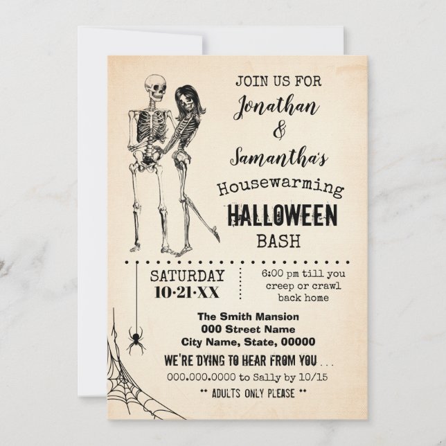 Housewarming Halloween party bash skeleton couple Invitation (Front)