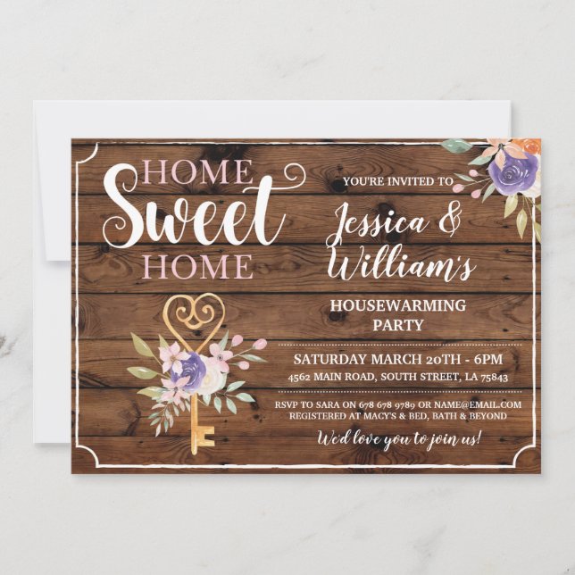 Housewarming Home Sweet Home Key Flowers Wood Invitation (Front)