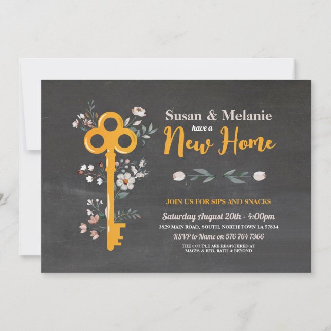 Housewarming New Home House Key Florals Chalk  Invitation (Front)
