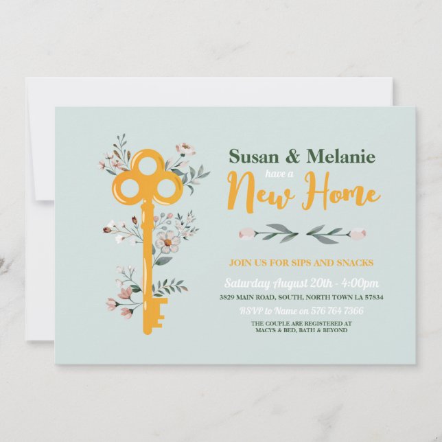 Housewarming New Home House Key Florals Mint  Invitation (Front)