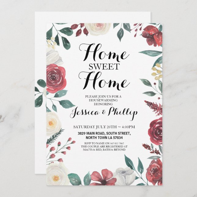 Housewarming New Home House Red Floral Foliage Invitation (Front/Back)