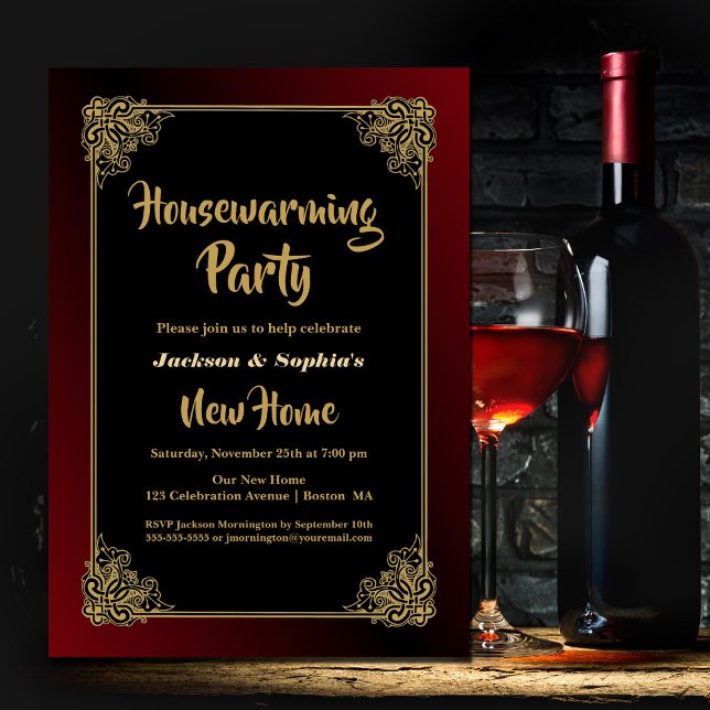 Housewarming Party Black Red with Gold Frame Invitation (Creator Uploaded)