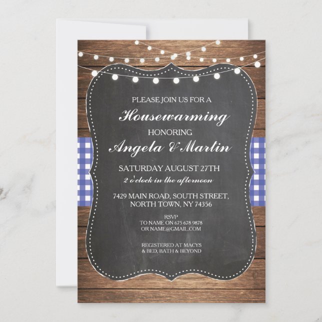 Housewarming Party Blue Check Wood BBQ Invite (Front)