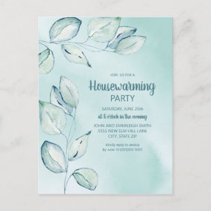 Housewarming Party Blue Green Watercolor Leaves Postcard