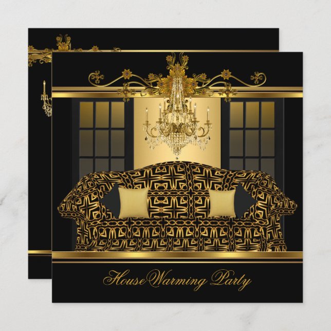 HouseWarming Party Chandelier Ornate Gold Black Invitation (Front/Back)
