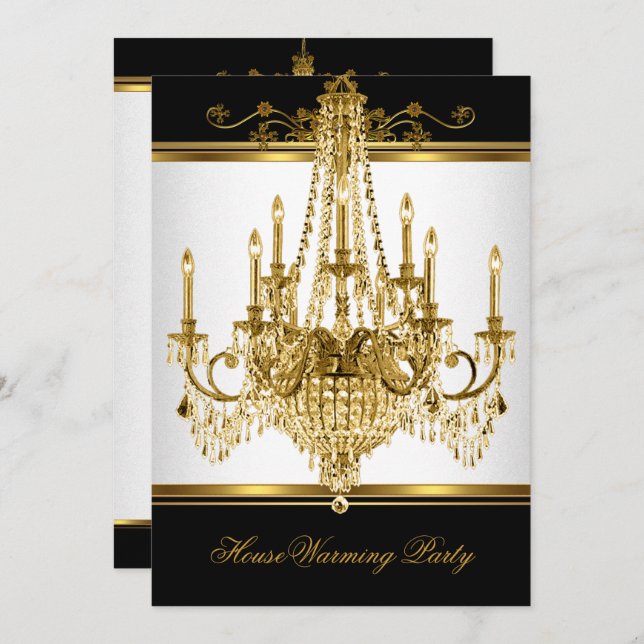 HouseWarming Party Chandelier Rich Gold Black Invitation (Front/Back)
