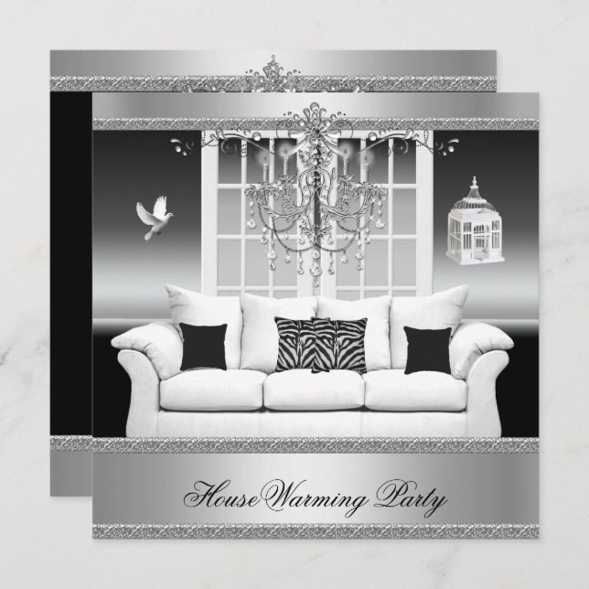 HouseWarming Party Chandelier Rich Silver White Invitation (Front/Back)