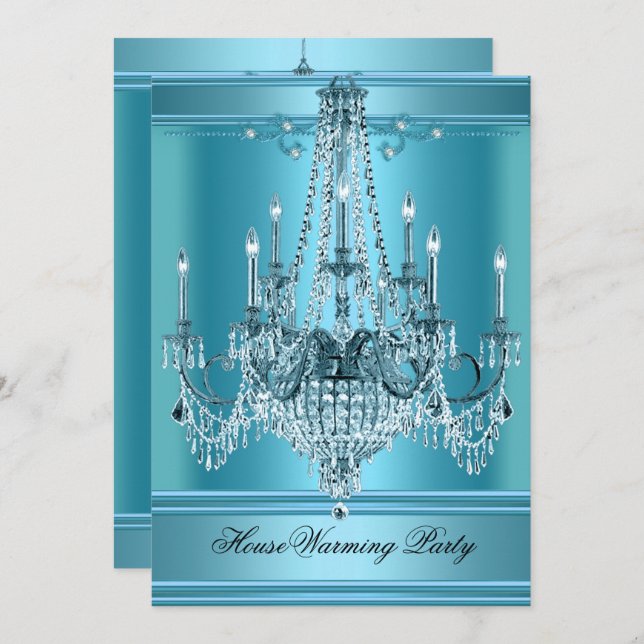 HouseWarming Party Chandelier Rich Teal Blue Invitation (Front/Back)